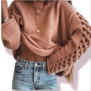 HUMMINGBIRD | Women's soft pink, braided-sleeve knit pullover sweater. NWT